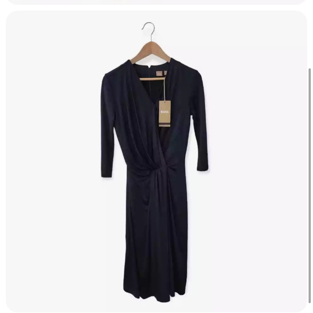 Hugo Boss Exandria V‑Neck Midi Dress NWT XS | Navy Twist‑Front Sheath
